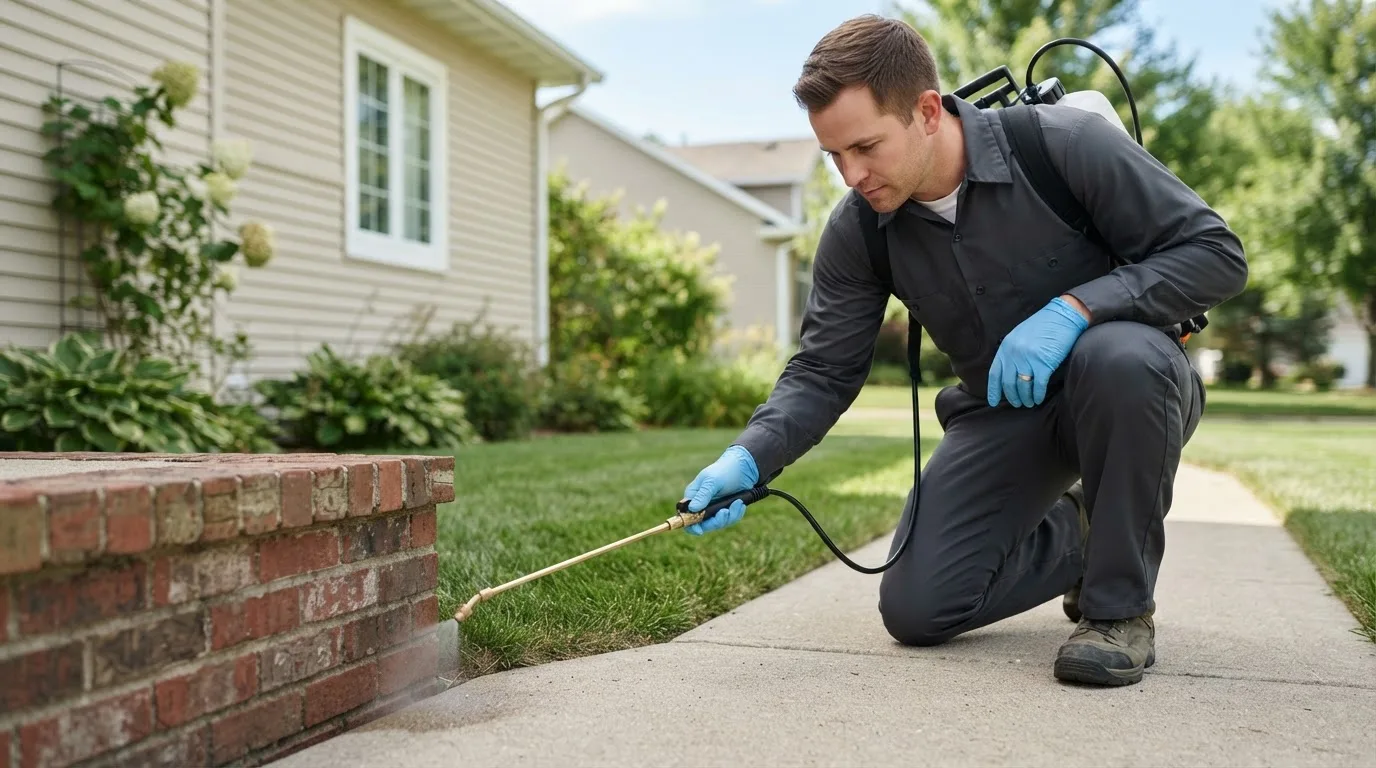 Pest control technician treating a home near Ashton, IA