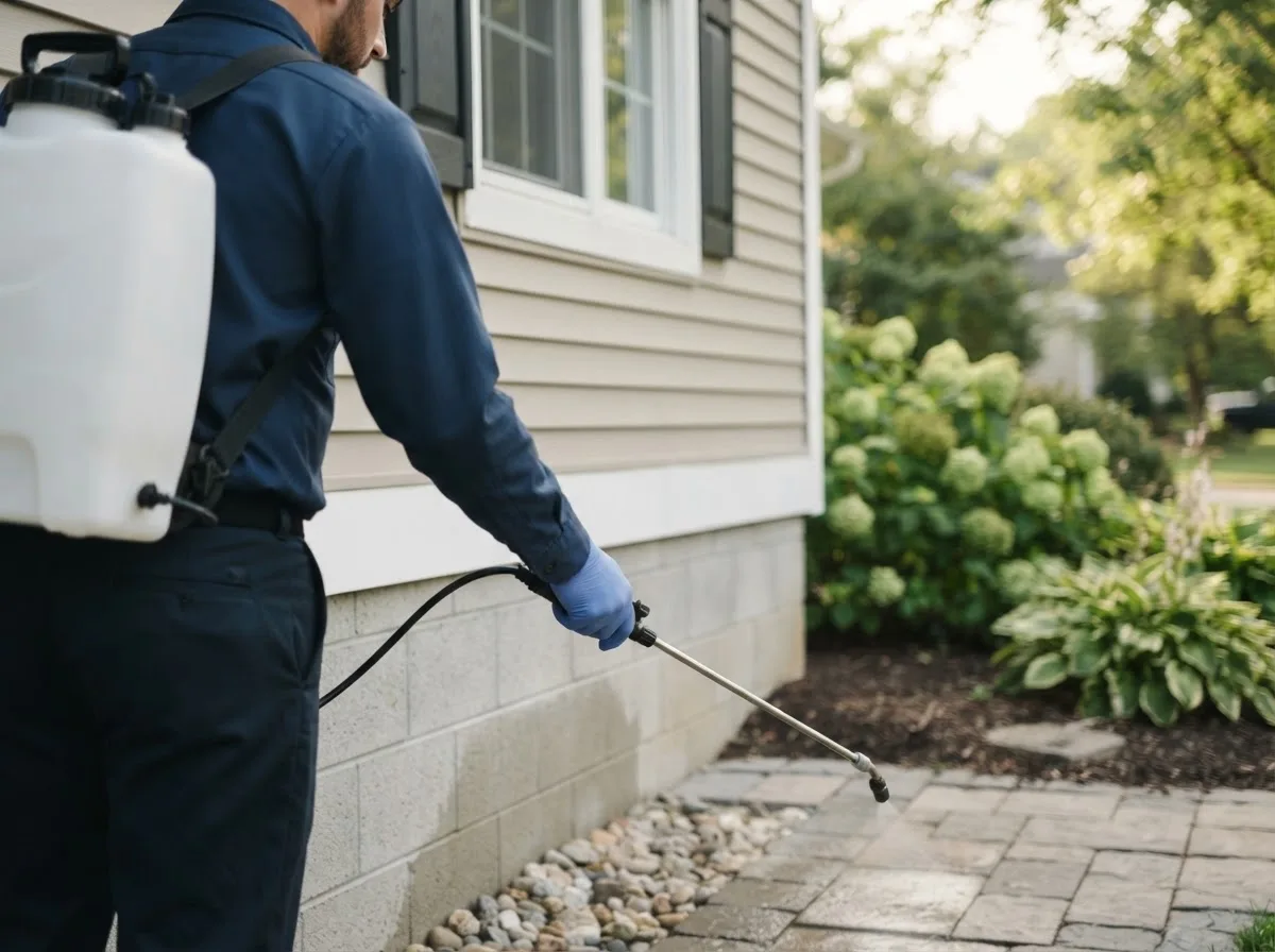 Pest control technician inspecting a home in Ashton, IA